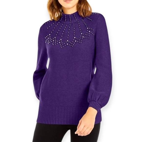 Alfani Embellished Knit Mock Turtleneck Sweater Purple - Picture 1 of 12